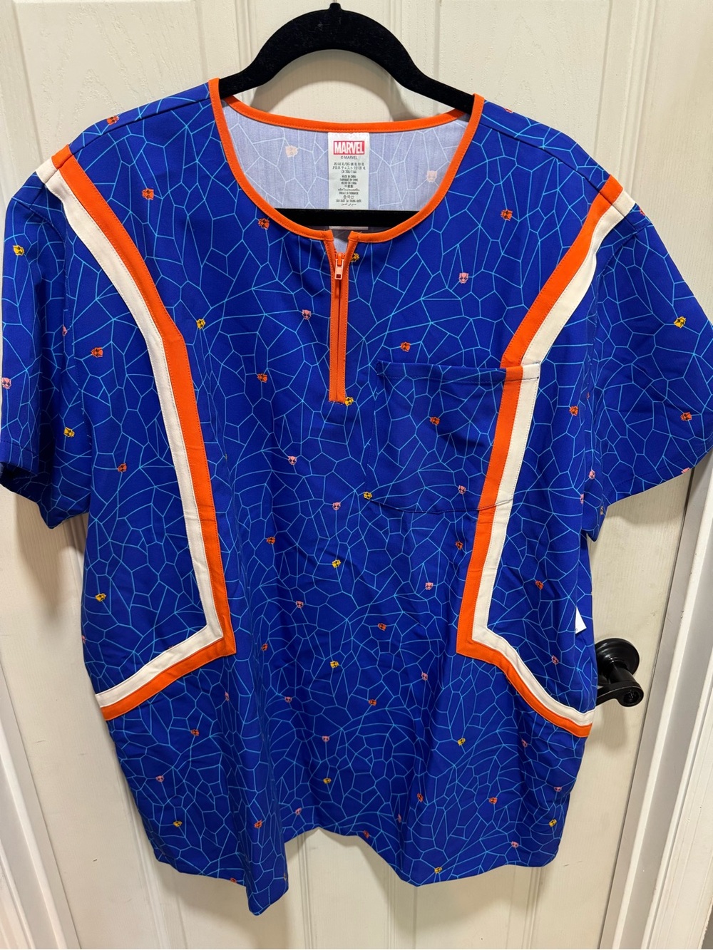 Marvel Blue Short Sleeve Zip-Front Tee with Orange & White Trim